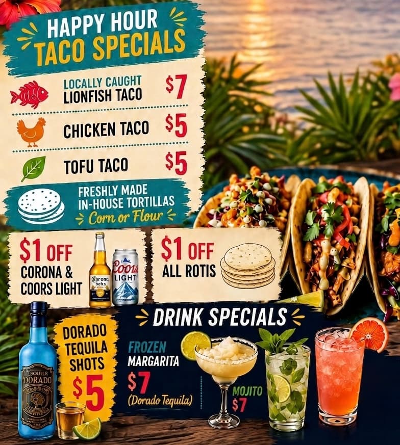 Thali Indian Grill Happy Hour taco and drink specials flyer, 4 to 6 PM Monday to Friday