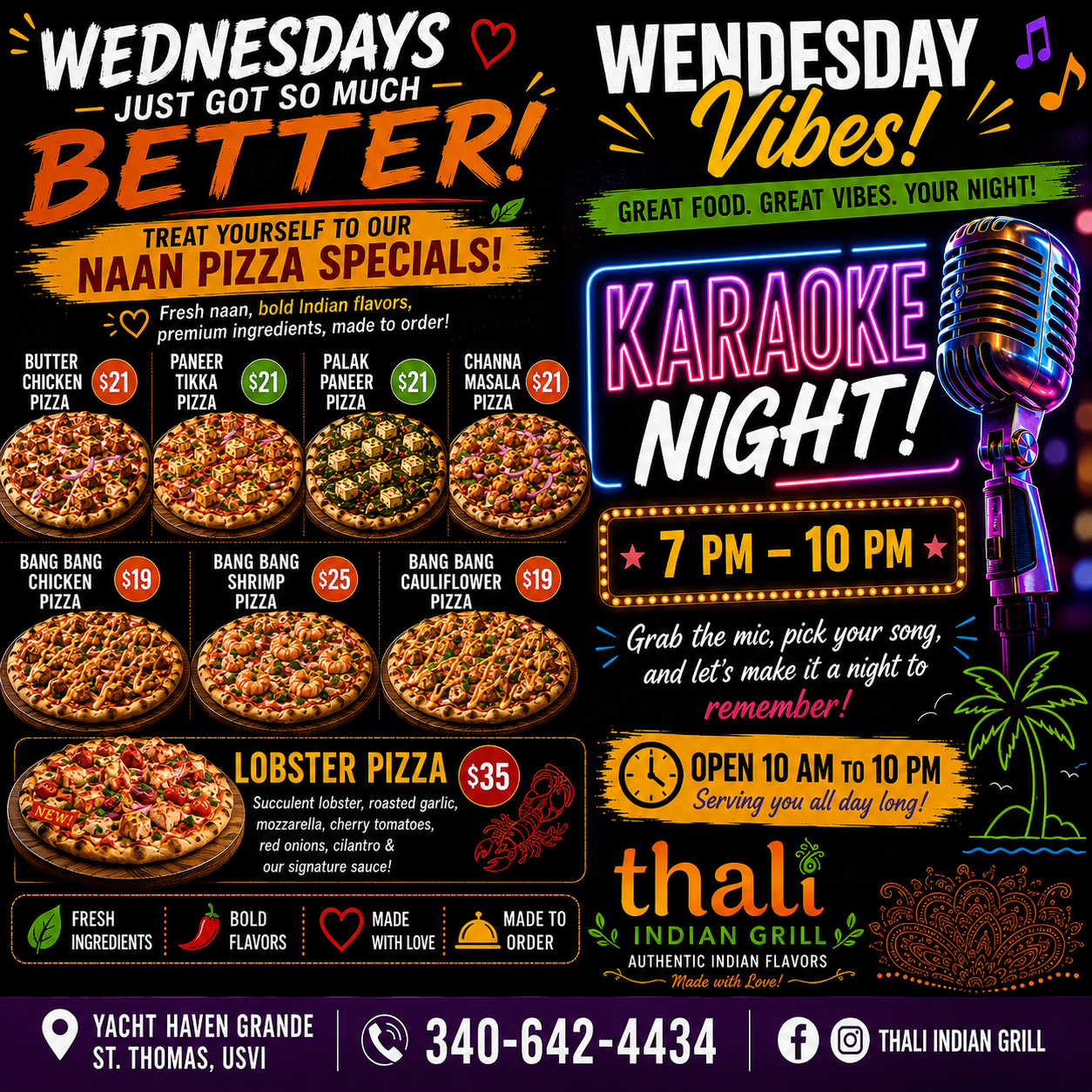 Thali Indian Grill Wednesday naan pizza specials and karaoke flyer